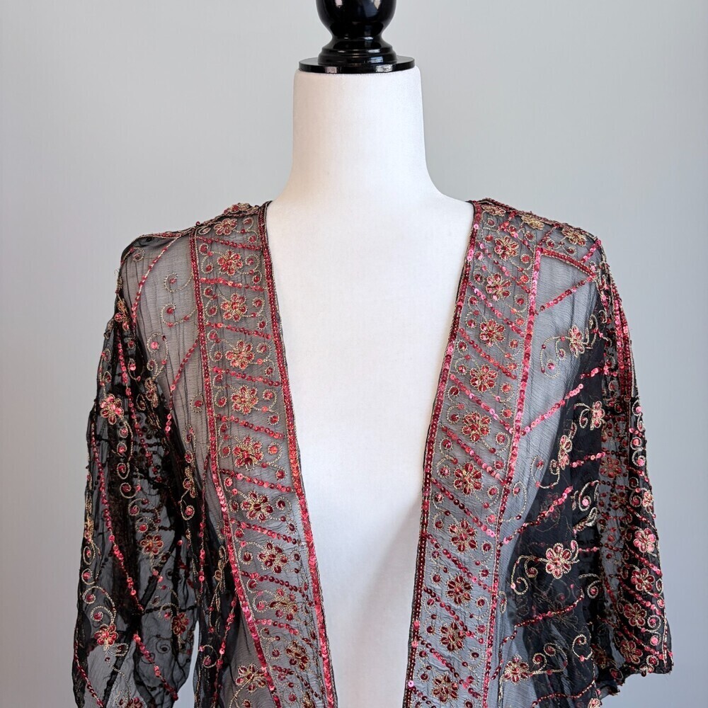 Vintage 100% Silk Cardigan Open Sheer Boho Luxe Evening Layer Black Red Medium